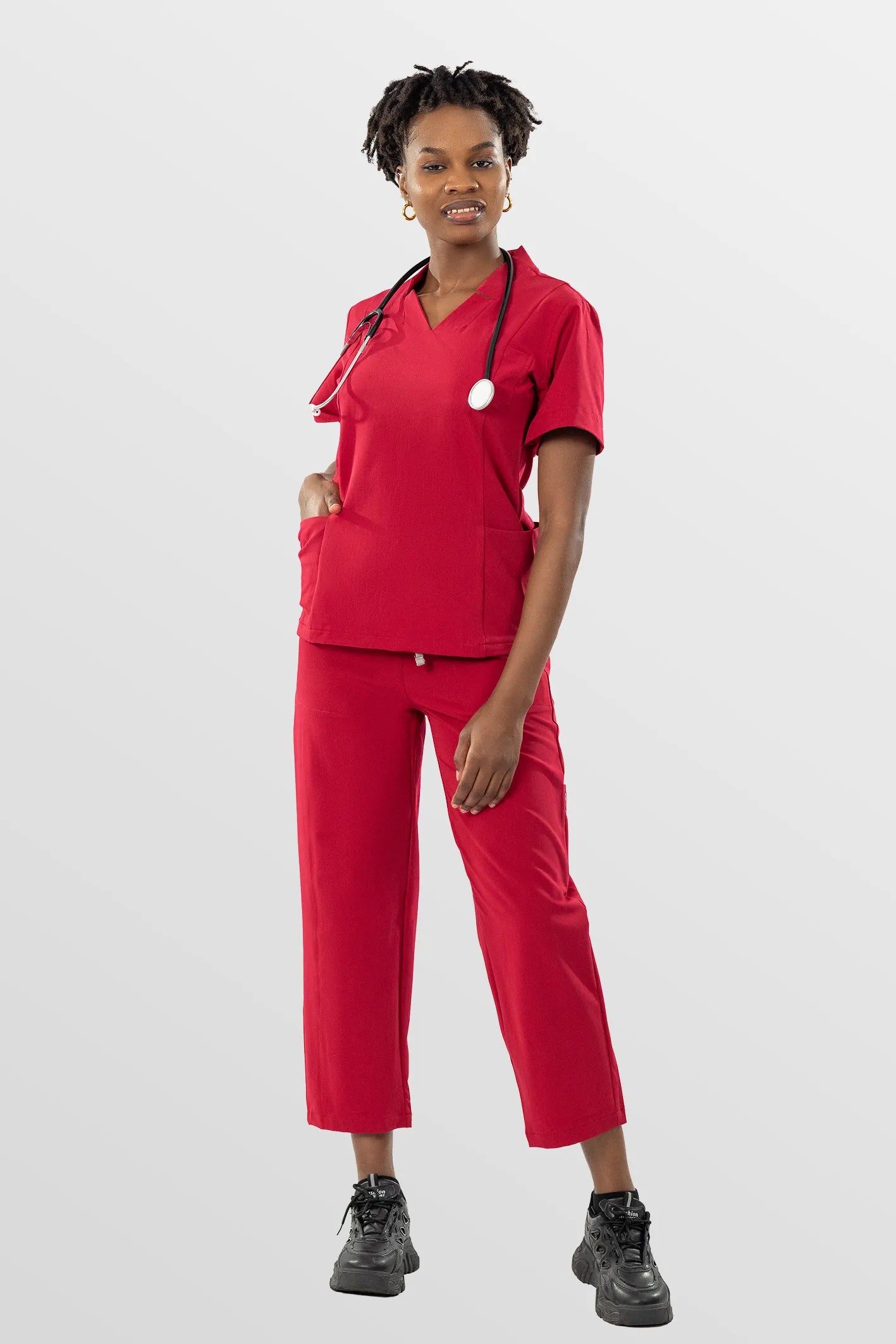 Red Eipnare Women's V-Neck Split 9-Pocket Slim Fit Scrub Set - Stretch Medical Scrubs for Women