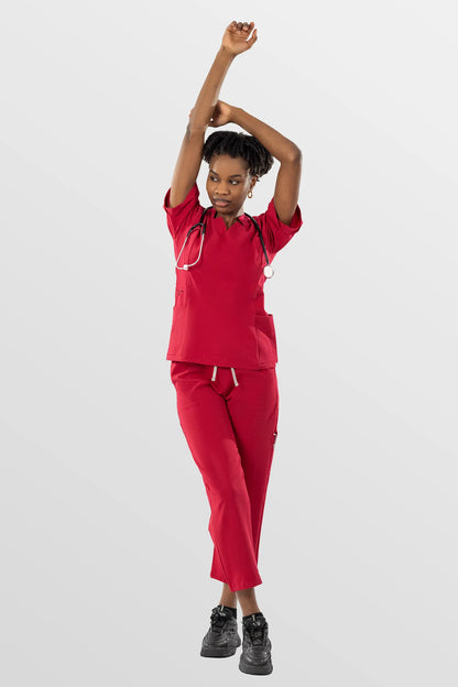 Red Eipnare Women's V-Neck Split 9-Pocket Slim Fit Scrub Set - Stretch Medical Scrubs for Women