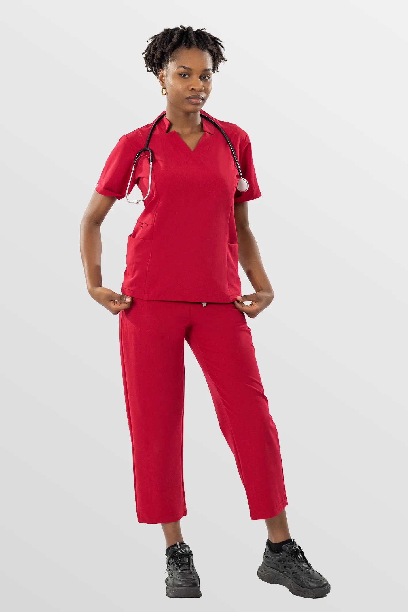 Red Eipnare Women's V-Neck Split 9-Pocket Slim Fit Scrub Set - Stretch Medical Scrubs for Women