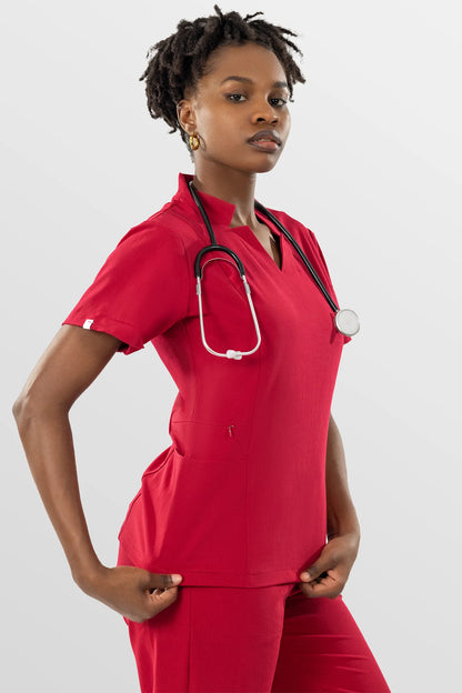Red Eipnare Women's V-Neck Split 9-Pocket Slim Fit Scrub Set - Stretch Medical Scrubs for Women