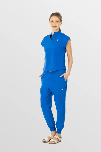 Royal Blue Eipnare Women's Henley Collar Sleeveless Jogger Scrub Set - Stretch Medical Scrubs for Women