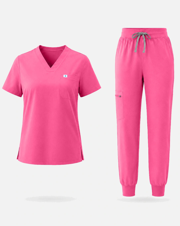 Eadflie Women's Classic V-Neck Jogger Uniform Set - Azalea Pink