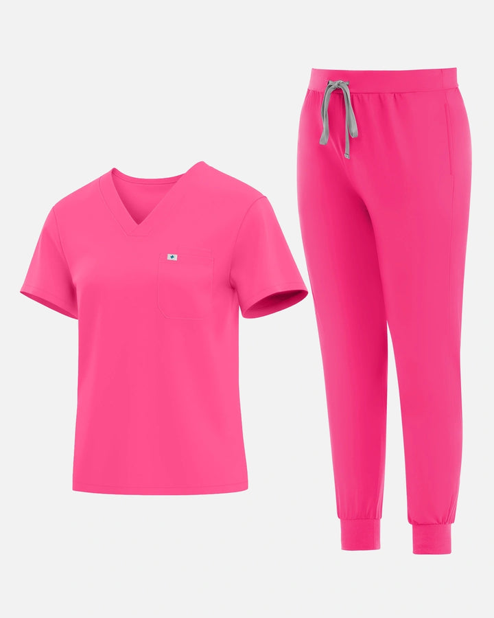 Eadflie Women's Knit V-Neck Jogger Uniform Set - Azalea Pink