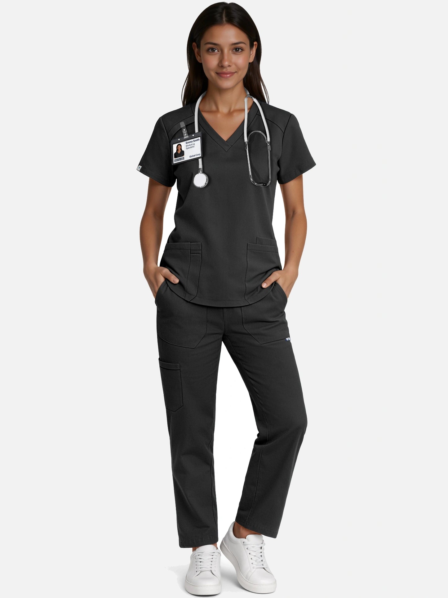 Black – Eadflie Women's Woven V-Neck Uniform Set – Straight-Leg Structured – product image 12
