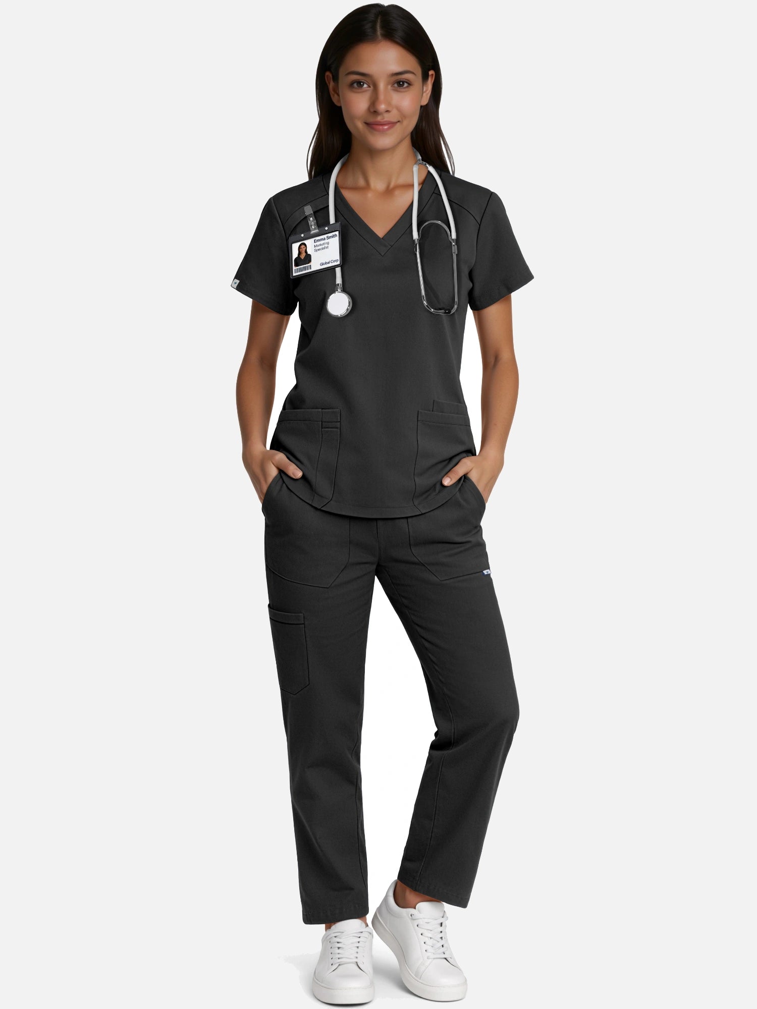 Black – Eadflie Women's Woven V-Neck Uniform Set – Straight-Leg Structured – product image 12