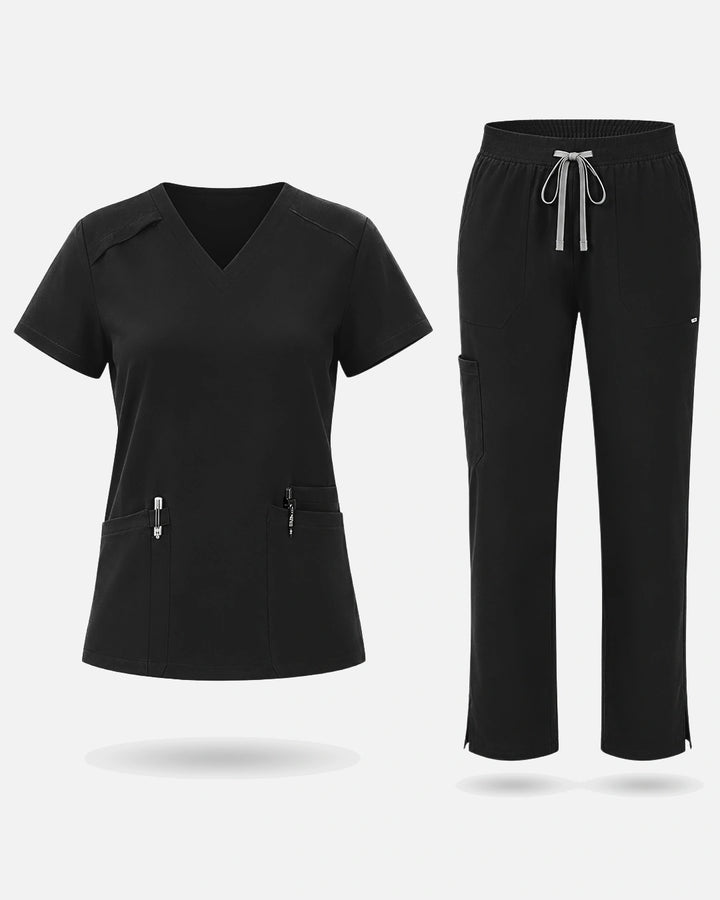 Eadflie Women's Woven V-Neck Uniform Set – Straight-Leg Structured - Black