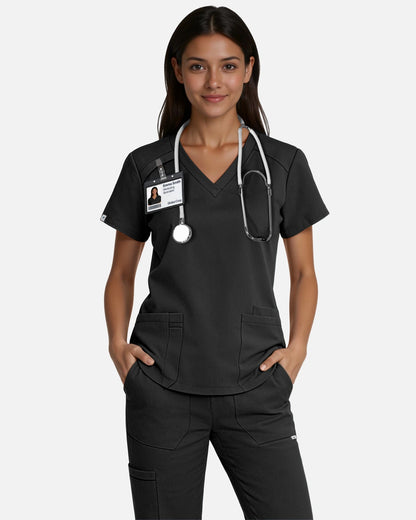 Black – Eadflie Women's Woven V-Neck Uniform Top – Structured with Shoulder Piping – product image 04