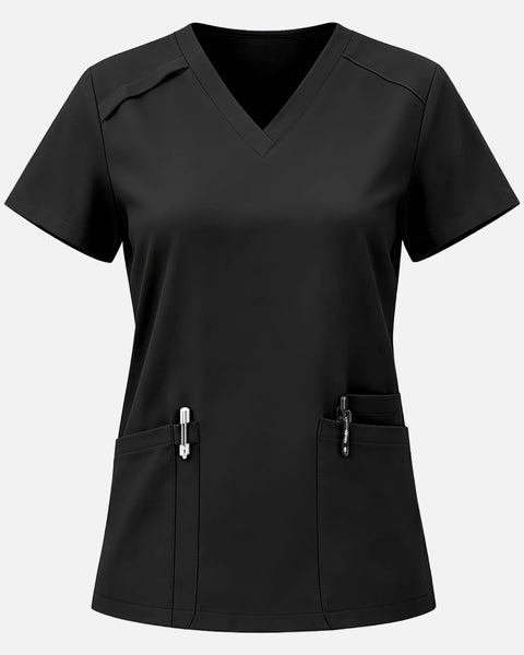 Black – Eadflie Women's Woven V-Neck Uniform Top – Structured with Shoulder Piping – product image 01