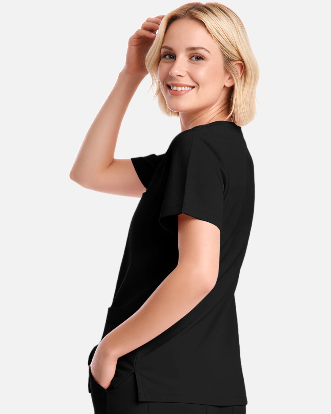 Black – Eadflie Women's V-Neck Uniform Top – Short Sleeve 3-Pocket Soft Stretch – product image 54