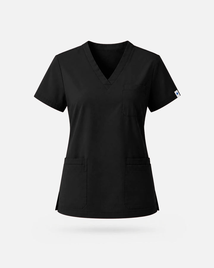 Eadflie Women's V-Neck Uniform Top – Short Sleeve 3-Pocket Soft Stretch - Black