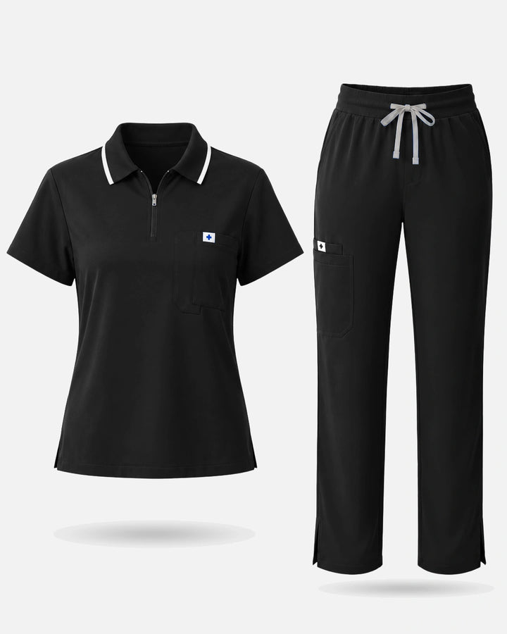 Eadflie Women's Zip Polo Straight-Leg Uniform Set - Black