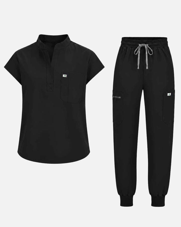 Eadflie Women's Henley Sleeveless Jogger Uniform Set - Black