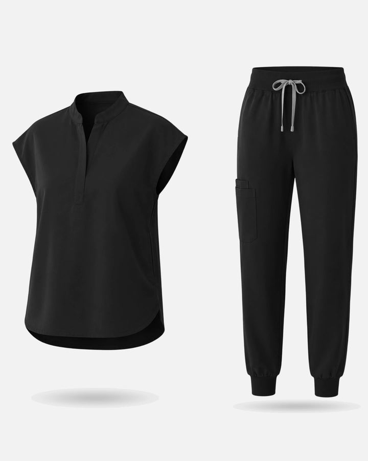 Eadflie Women's Sleeveless Mandarin Collar Jogger Uniform Set - Black