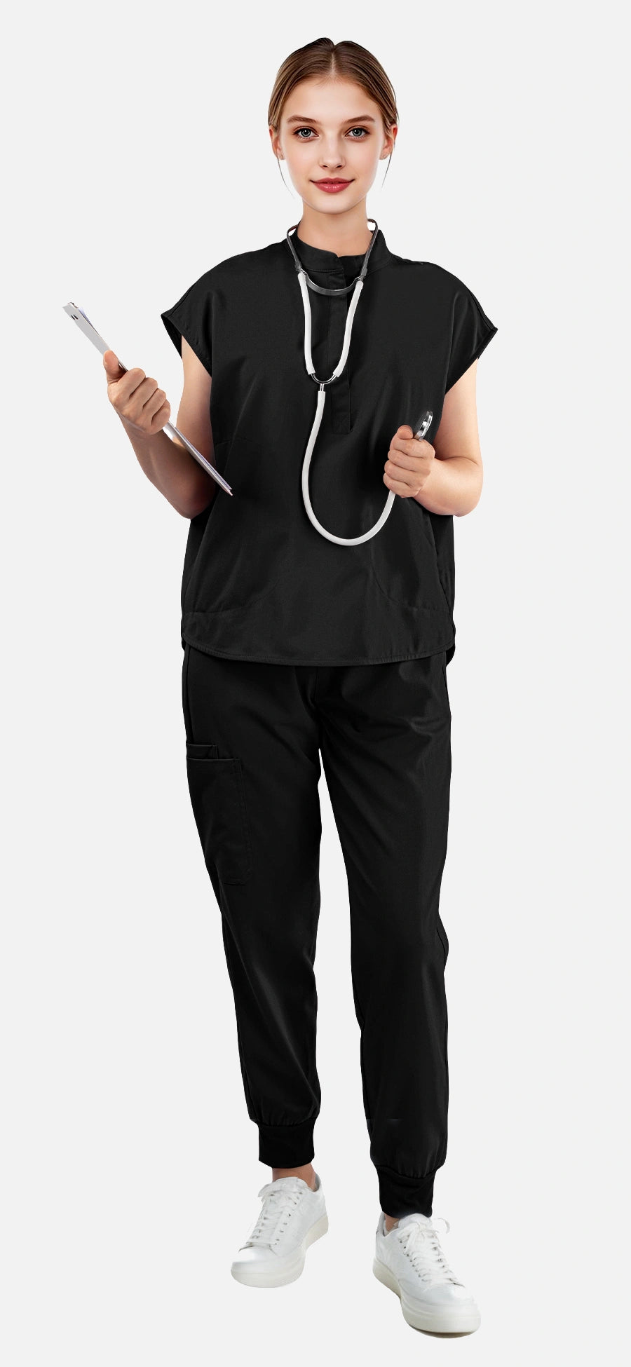 Black – Eadflie Women's Sleeveless Mandarin Collar Jogger Uniform Set – product image 20