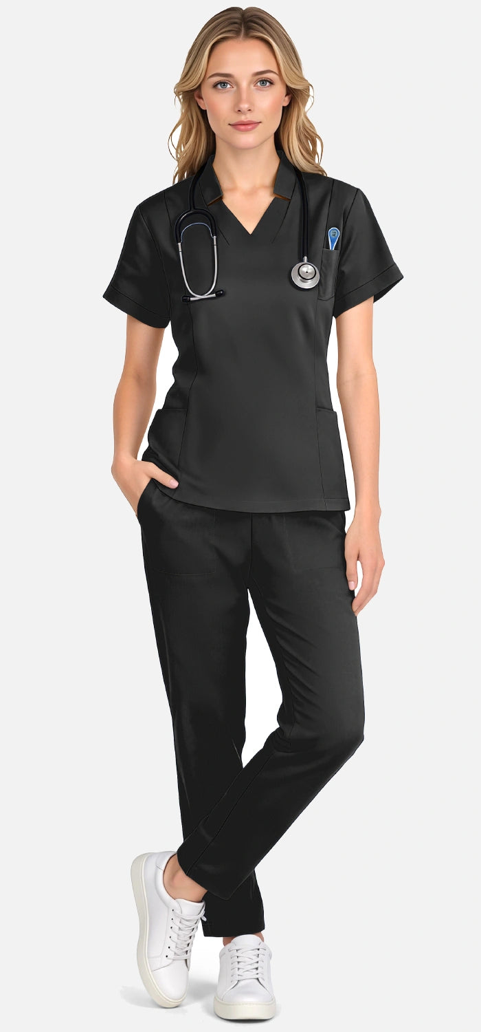 Black – Eadflie Women's Split V-Neck Uniform Set – Tapered-Leg 9-Pocket Slim Fit – product image 18