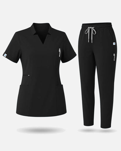 Black – Eadflie Women's Split V-Neck Uniform Set – Tapered-Leg 9-Pocket Slim Fit – product image 17