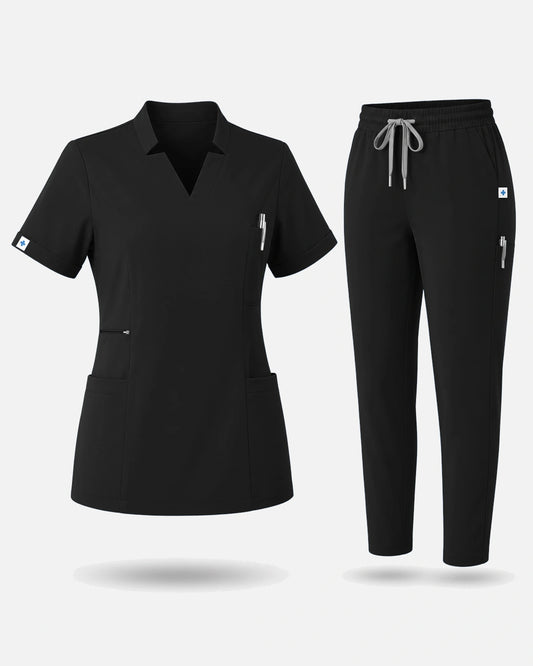 Black – Eadflie Women's Split V-Neck Uniform Set – Tapered-Leg 9-Pocket Slim Fit – product image 17