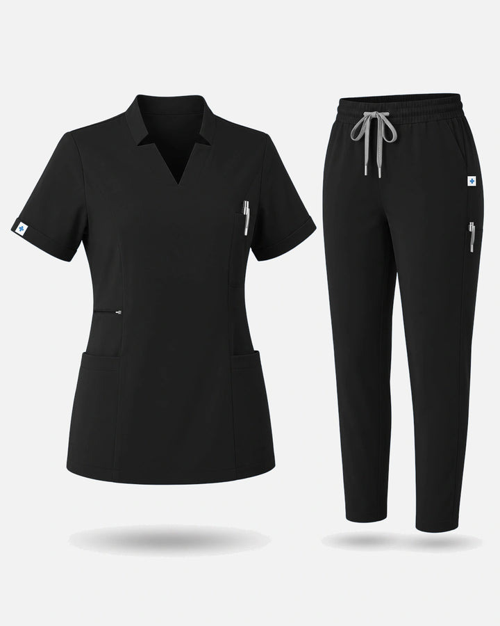 Eadflie Women's Split V-Neck Uniform Set – Tapered-Leg 9-Pocket Slim Fit - Black
