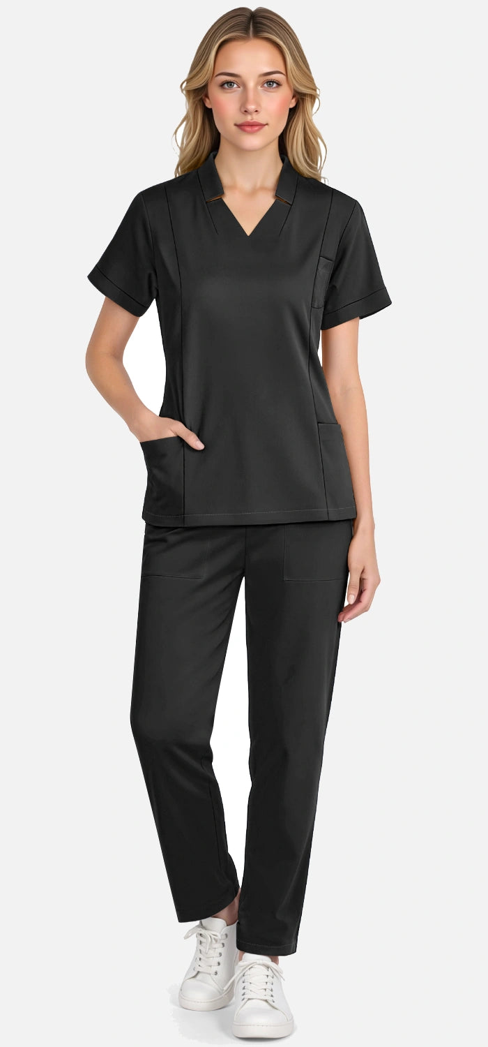 Black – Eadflie Women's Split V-Neck Uniform Set – Tapered-Leg 9-Pocket Slim Fit – product image 19