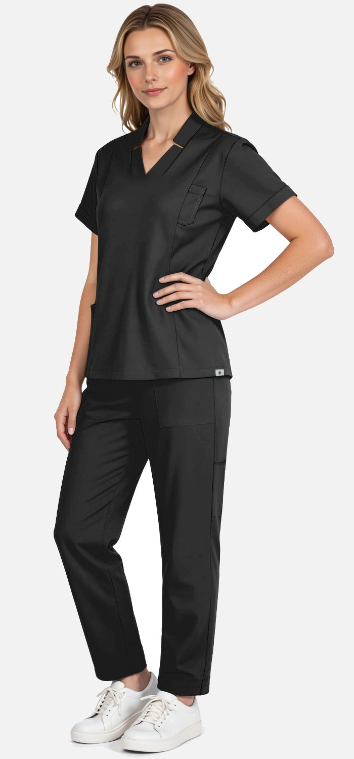 Black – Eadflie Women's Split V-Neck Uniform Set – Tapered-Leg 9-Pocket Slim Fit – product image 21