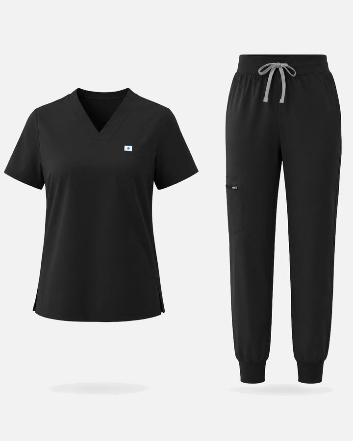 Eadflie Women's Classic V-Neck Jogger Uniform Set - Black