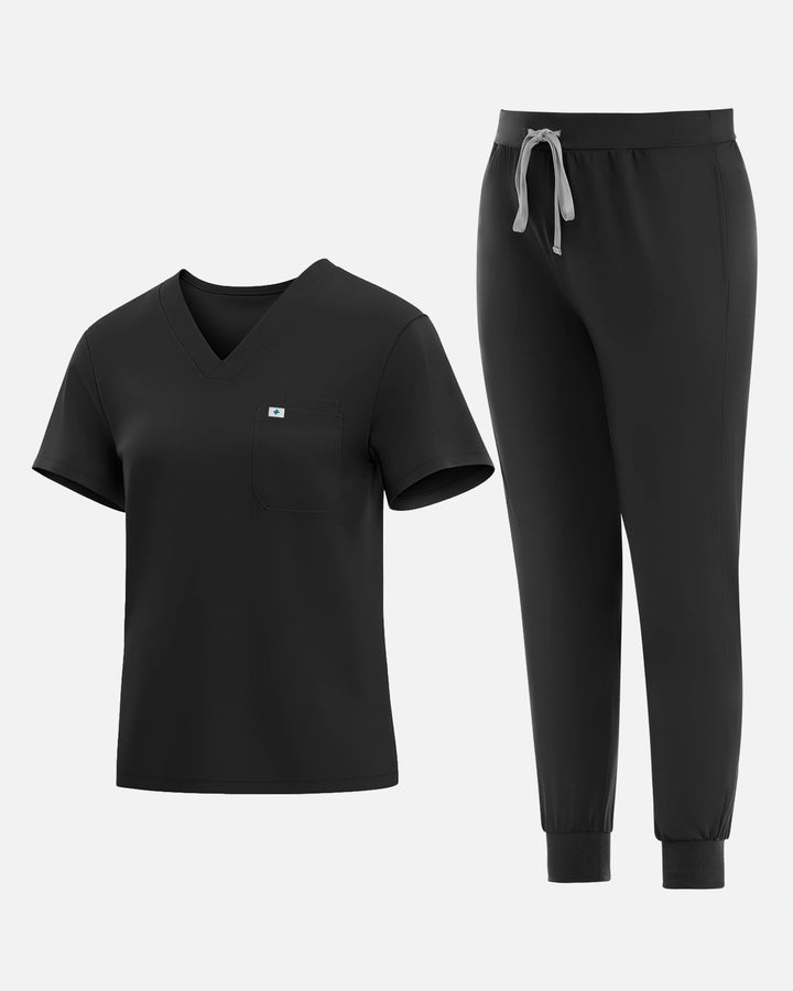 Eadflie Women's Knit V-Neck Jogger Uniform Set - Black
