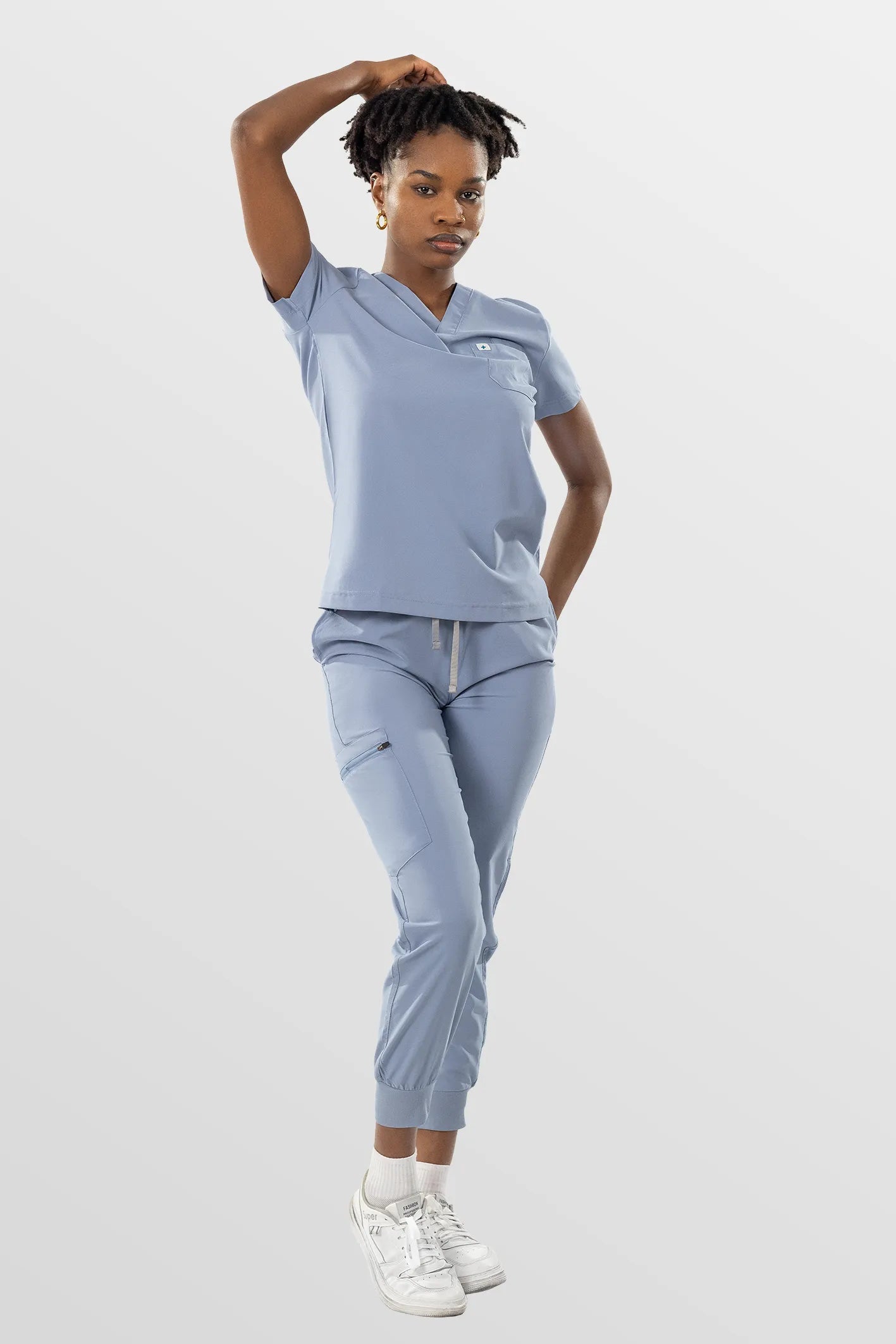 Blue Grey Eipnare Women's Soft Stretch V-Neck Scrub Top & Jogger Pants Set - Stretch Medical Scrubs for Women