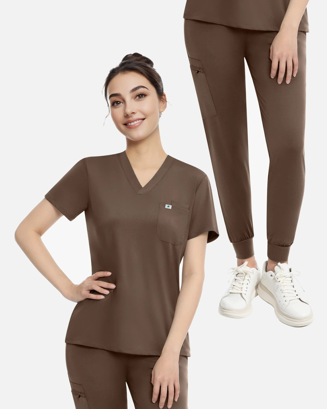Brown – Eadflie Women's Knit V-Neck Jogger Uniform Set – product image 37