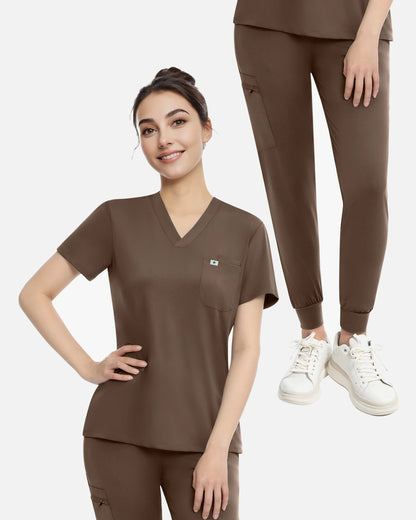 Brown – Eadflie Women's Knit V-Neck Jogger Uniform Set – product image 37