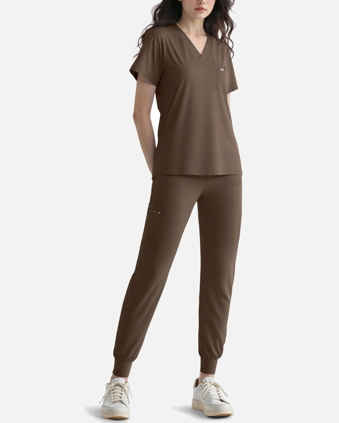 Brown – Eadflie Women's Knit V-Neck Jogger Uniform Set – product image 38
