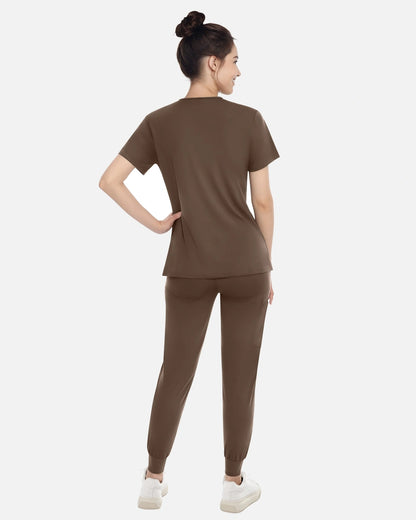 Brown – Eadflie Women's Knit V-Neck Jogger Uniform Set – product image 39