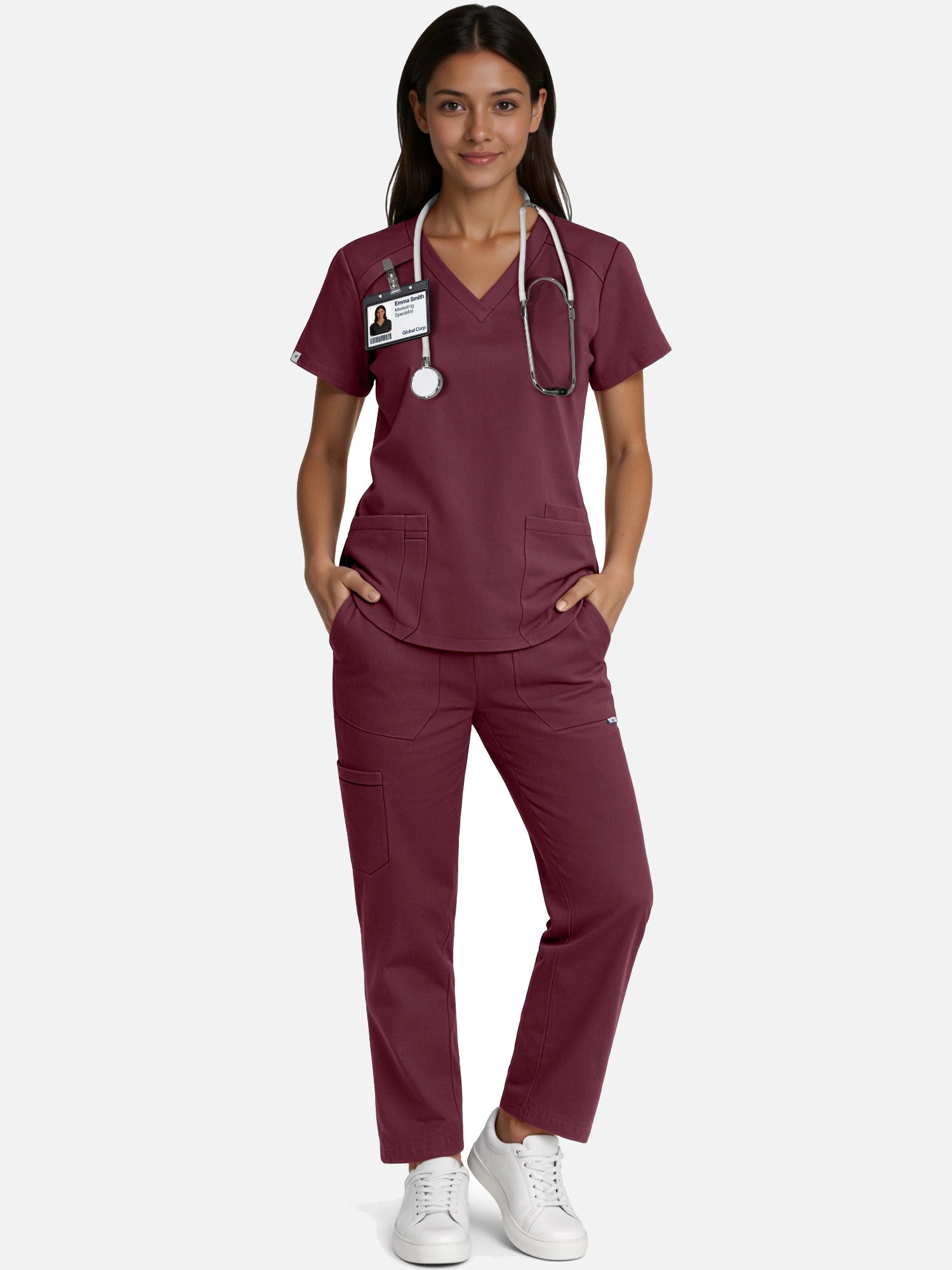 Burgundy Red – Eadflie Women's Woven V-Neck Uniform Set – Straight-Leg Structured – product image 02