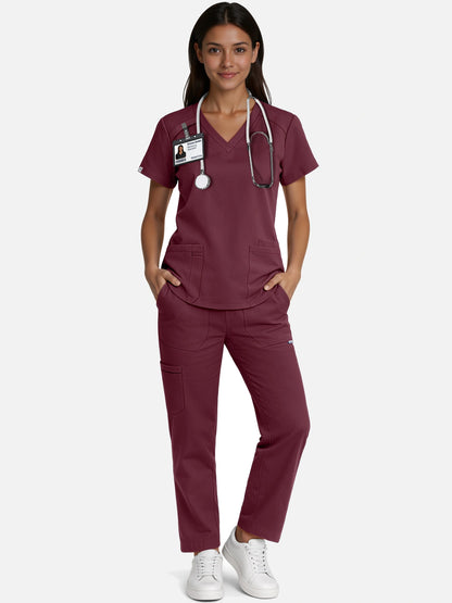 Burgundy Red – Eadflie Women's Woven V-Neck Uniform Set – Straight-Leg Structured – product image 02