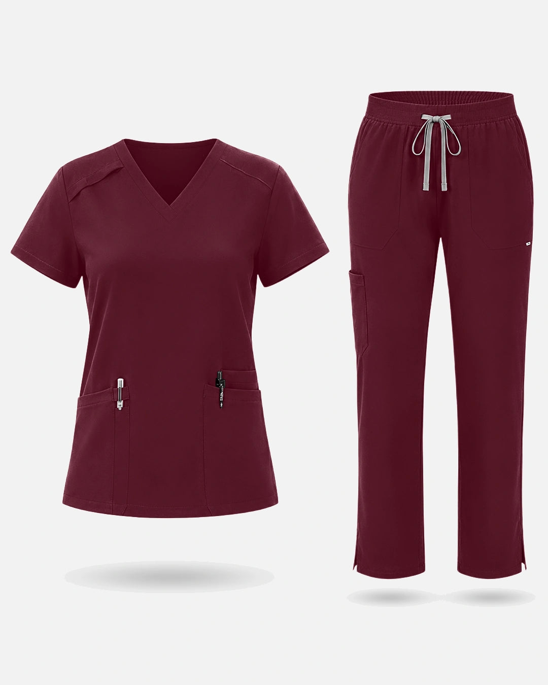 Burgundy Red – Eadflie Women's Woven V-Neck Uniform Set – Straight-Leg Structured – product image 01