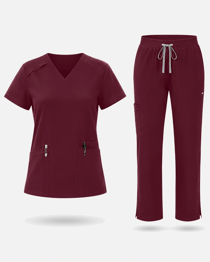 Eadflie Women's Woven V-Neck Uniform Set – Straight-Leg Structured - Burgundy Red