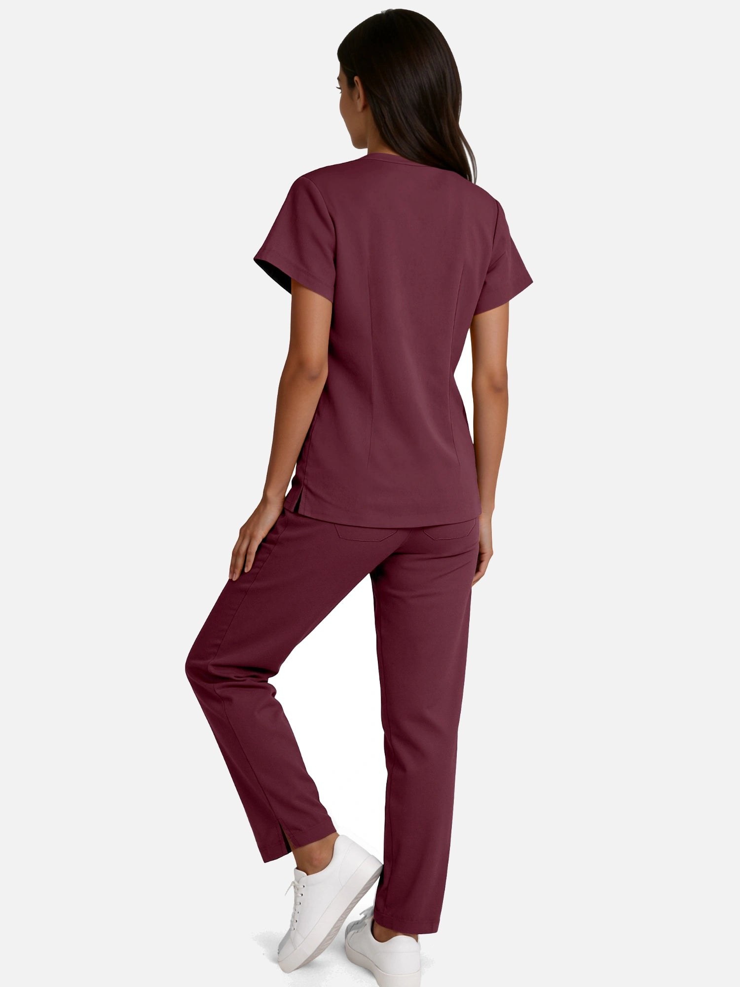 Burgundy Red – Eadflie Women's Woven V-Neck Uniform Set – Straight-Leg Structured – product image 03