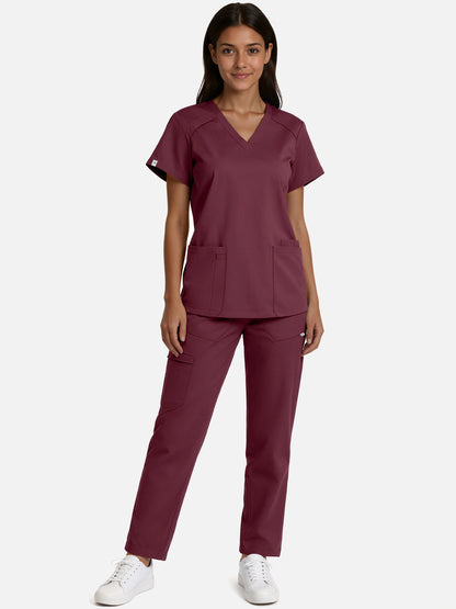 Burgundy Red – Eadflie Women's Woven V-Neck Uniform Set – Straight-Leg Structured – product image 04