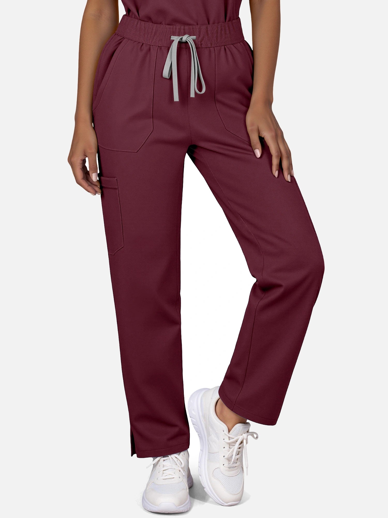 Burgundy Red – Eadflie Women's Woven V-Neck Uniform Set – Straight-Leg Structured – product image 06