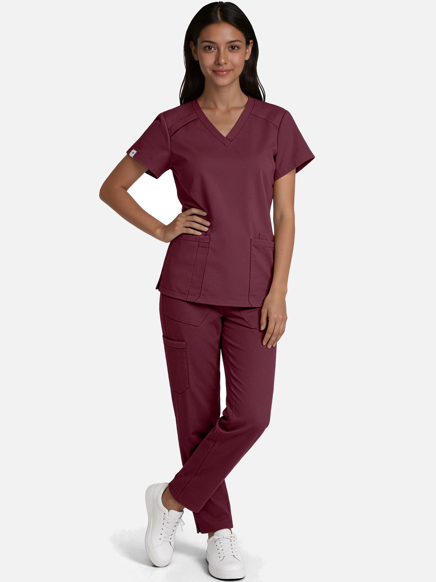Burgundy Red – Eadflie Women's Woven V-Neck Uniform Set – Straight-Leg Structured – product image 09