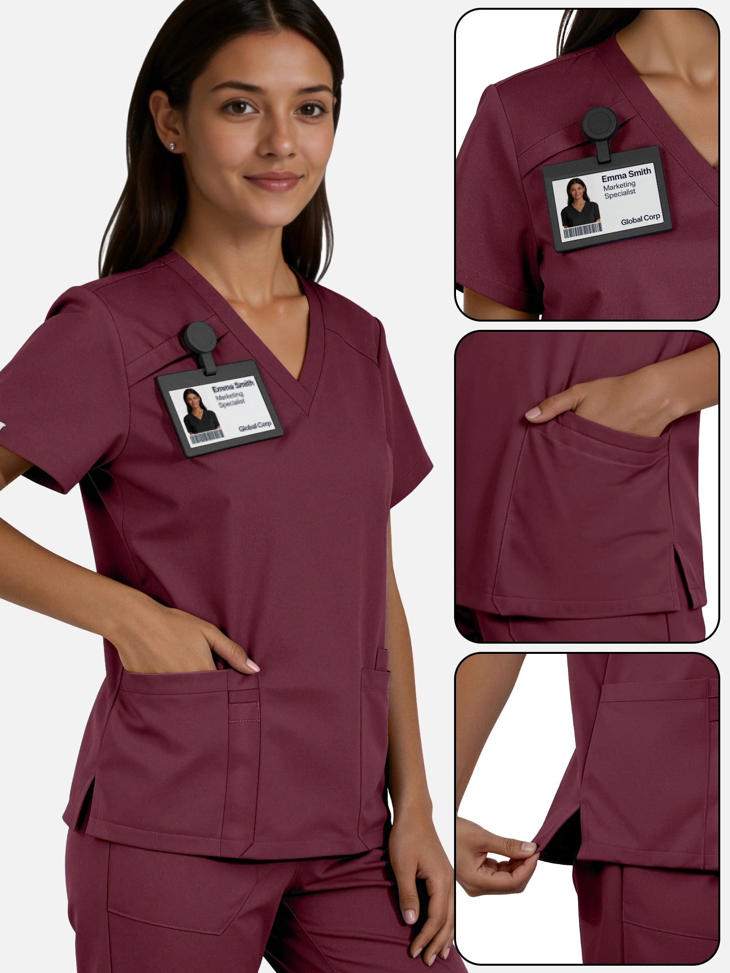 Burgundy Red – Eadflie Women's Woven V-Neck Uniform Set – Straight-Leg Structured – product image 07