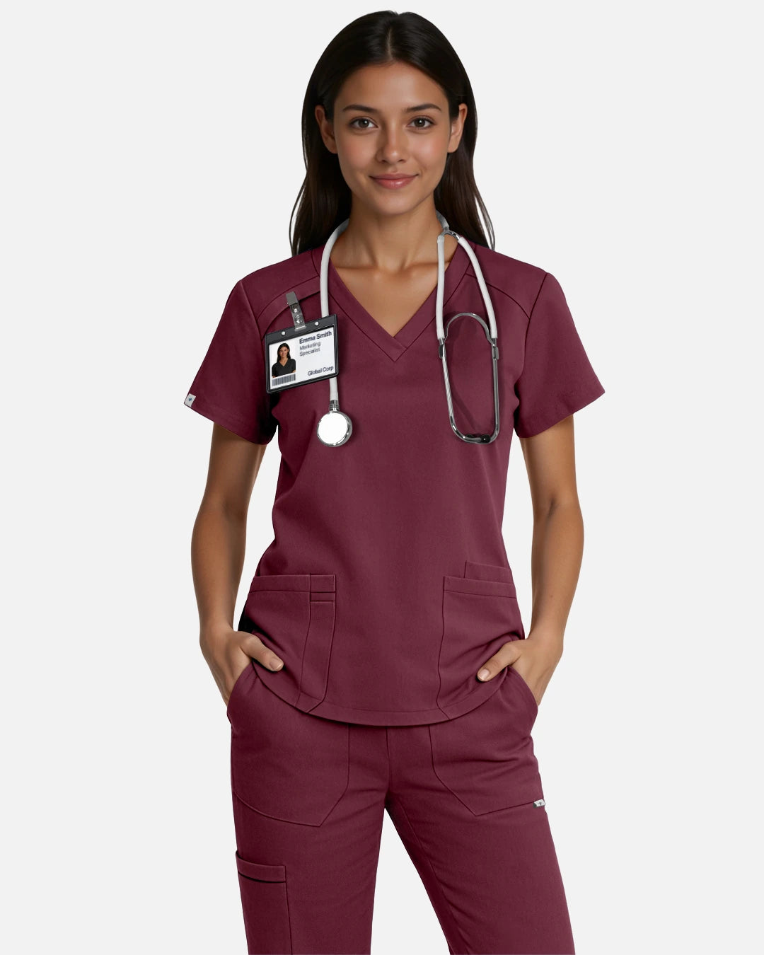 Burgundy Red – Eadflie Women's Woven V-Neck Uniform Top – Structured with Shoulder Piping – product image 09