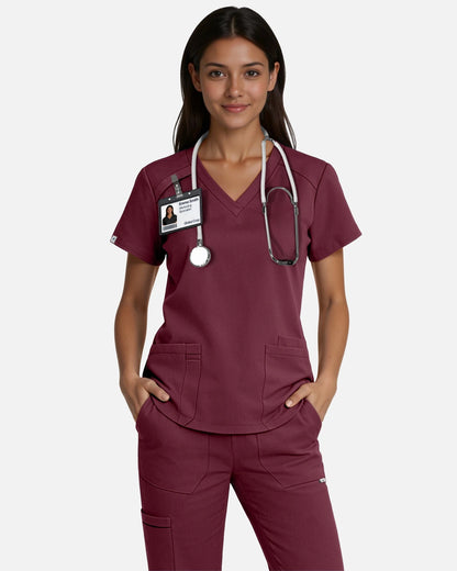 Burgundy Red – Eadflie Women's Woven V-Neck Uniform Top – Structured with Shoulder Piping – product image 09