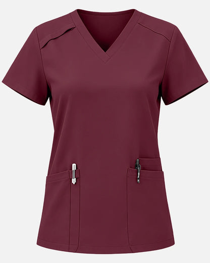 Burgundy Red – Eadflie Women's Woven V-Neck Uniform Top – Structured with Shoulder Piping – product image 06