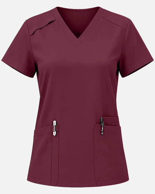 Burgundy Red – Eadflie Women's Woven V-Neck Uniform Top – Structured with Shoulder Piping – product image 06