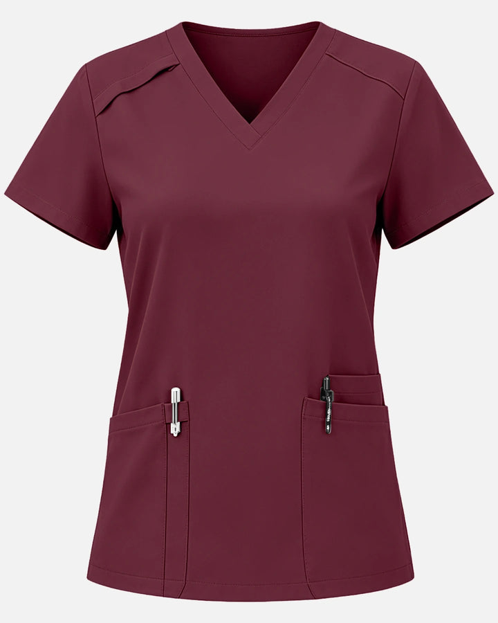 Eadflie Women's Woven V-Neck Uniform Top – Structured with Shoulder Piping - Burgundy Red