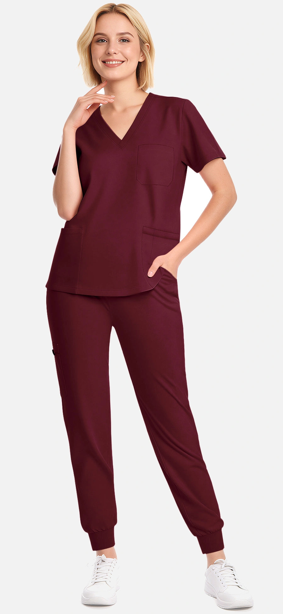 Burgundy Red – Eadflie Women’s 3-Pocket V-Neck Jogger Scrub Set – product image 02