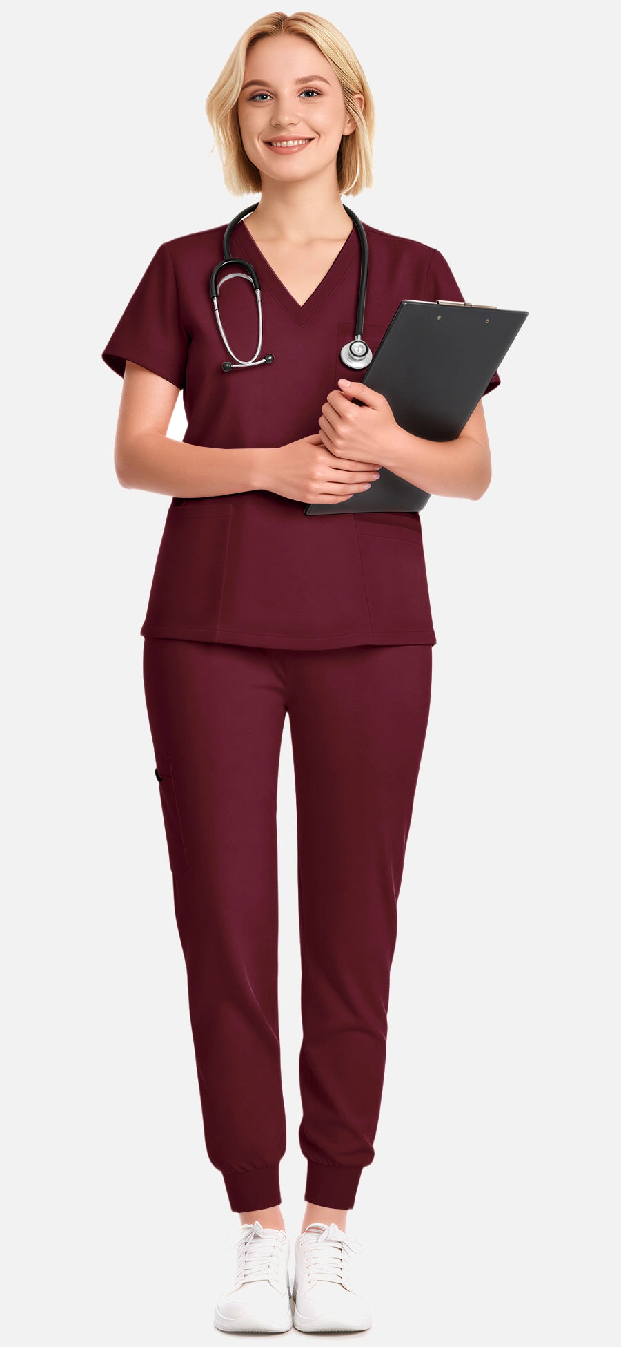 Burgundy Red – Eadflie Women’s 3-Pocket V-Neck Jogger Scrub Set – product image 03