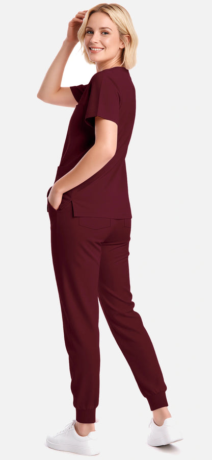 Burgundy Red – Eadflie Women’s 3-Pocket V-Neck Jogger Scrub Set – product image 04