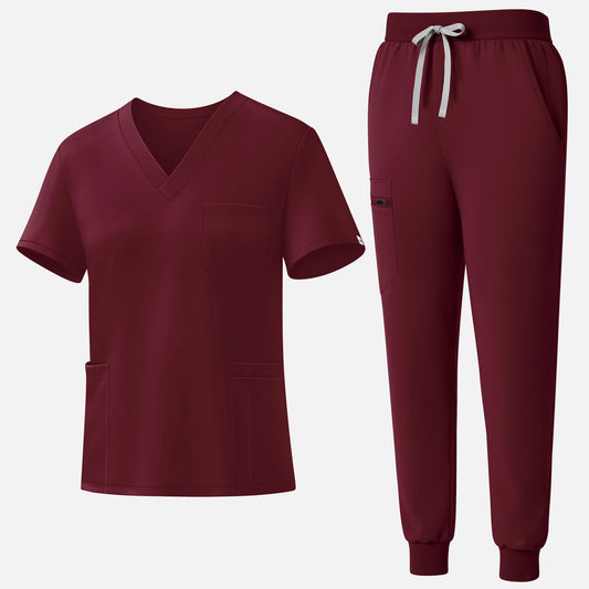 Burgundy Red – Eadflie Women’s 3-Pocket V-Neck Jogger Scrub Set – product image 01