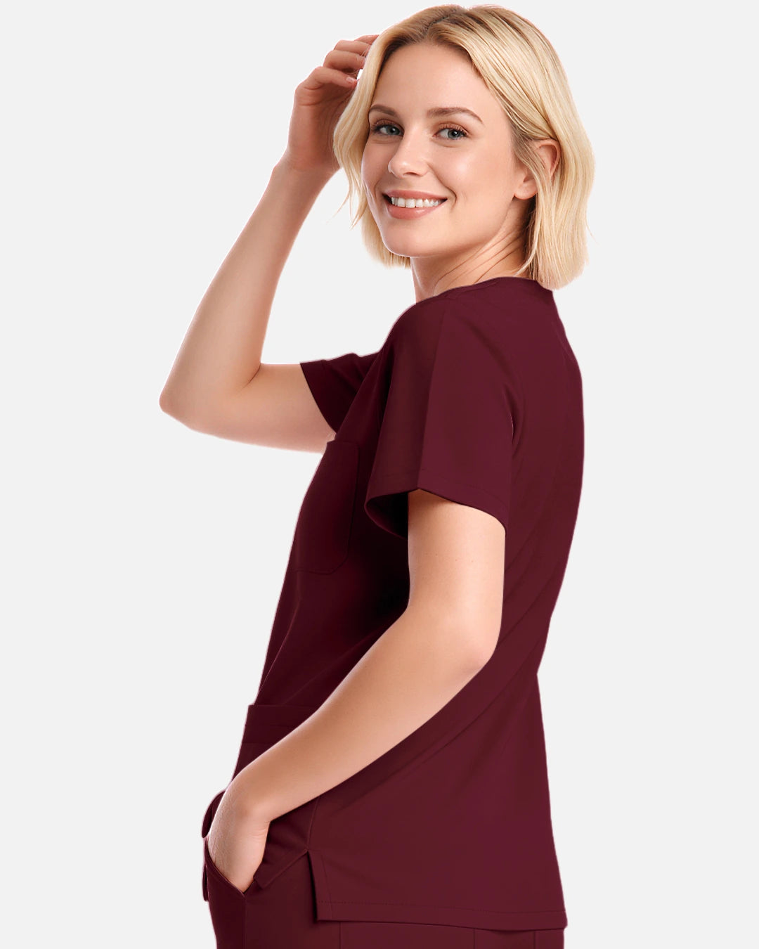 Burgundy Red – Eadflie Women's V-Neck Uniform Top – Short Sleeve 3-Pocket Soft Stretch – product image 49